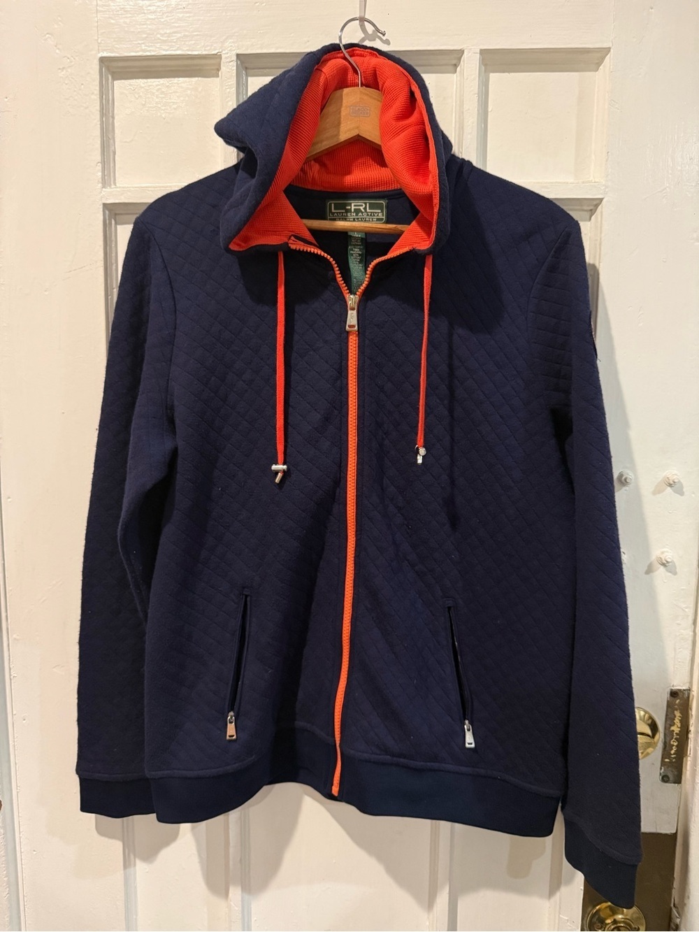 RLX Ralph Lauren Navy Quilted Zip Hoodie with Orange Accents
